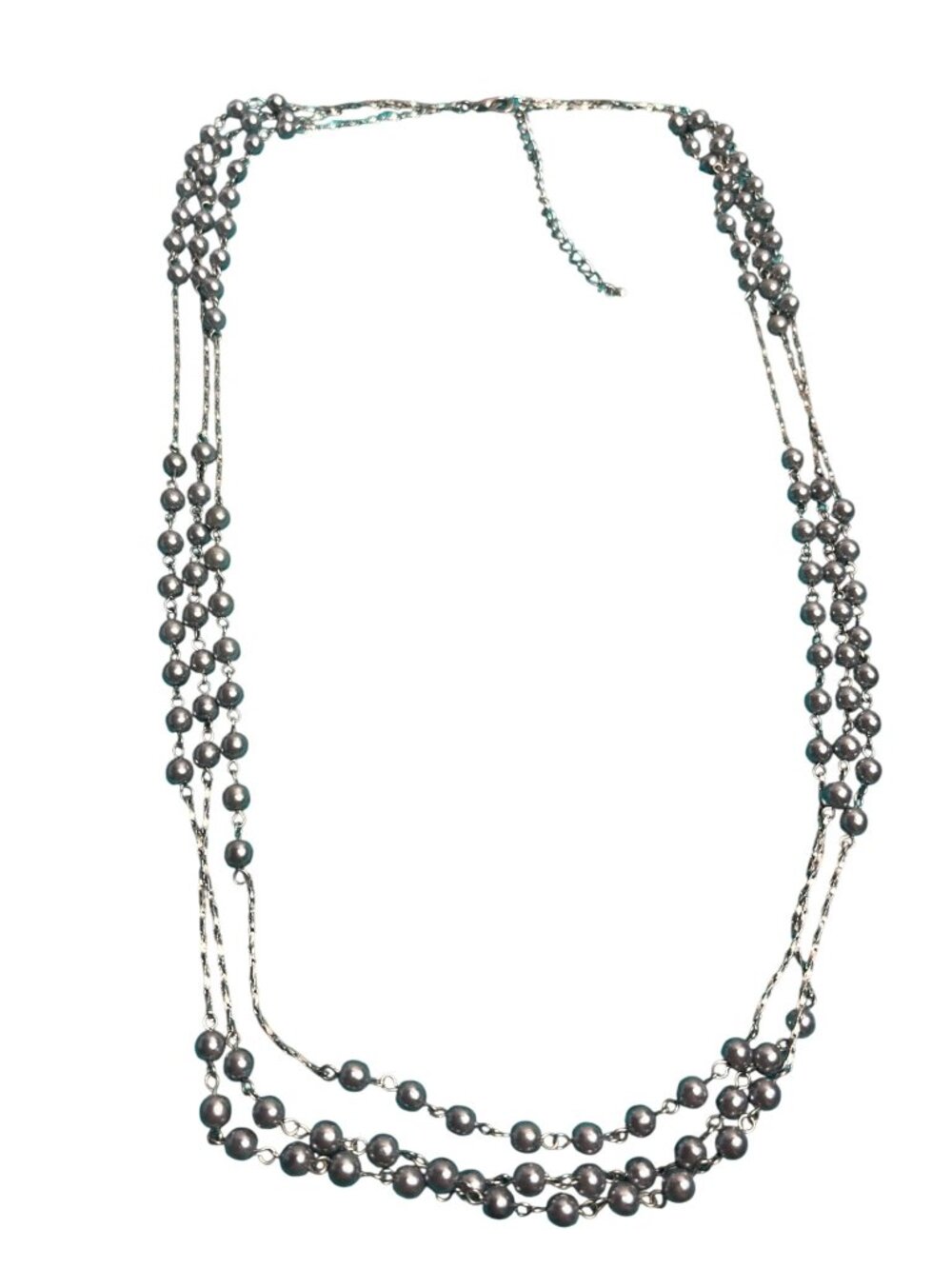 3 Strand Grey Plastic Faux Pearl Beaded Silvertone Chain Necklace Lobster Clasp